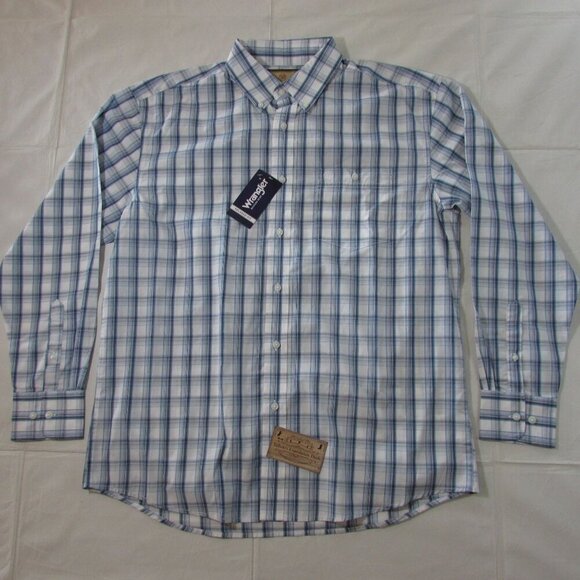 Wrangler Men's Large Long Sleeve Classic Fit Plaid Button Western Shirt Blue/Whi - Picture 2 of 5